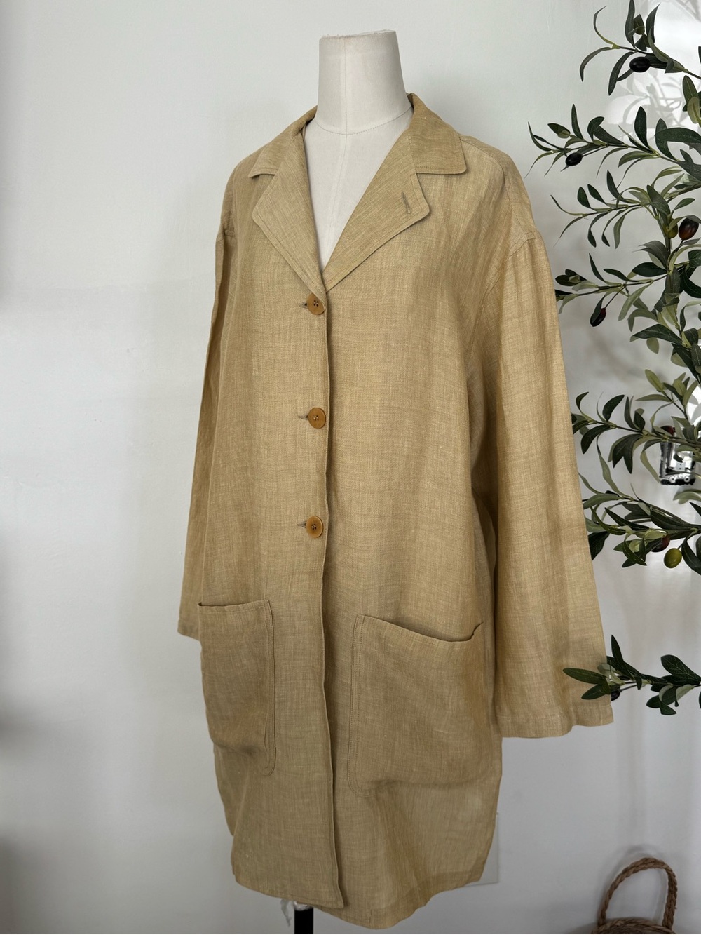 A Line - Anne Klein Linen Blend Long Jacket Coat Beige Tan Button Front Size S